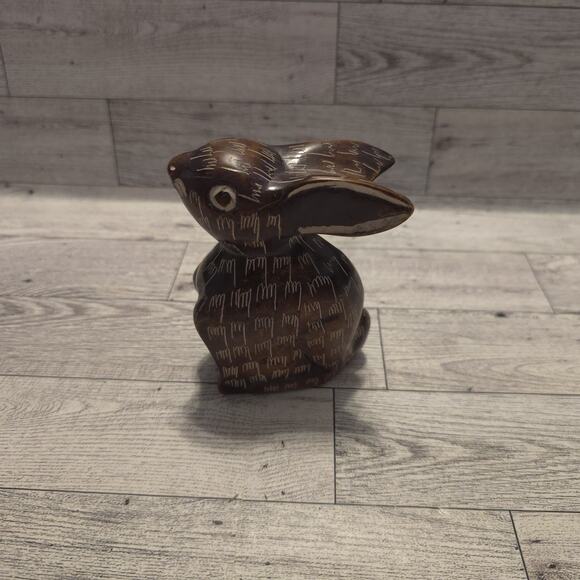 Handmade Soapstone Bunny Figurine 5" Brown Etched Rabbit Statue Kenya Folk Art - Picture 3 of 8